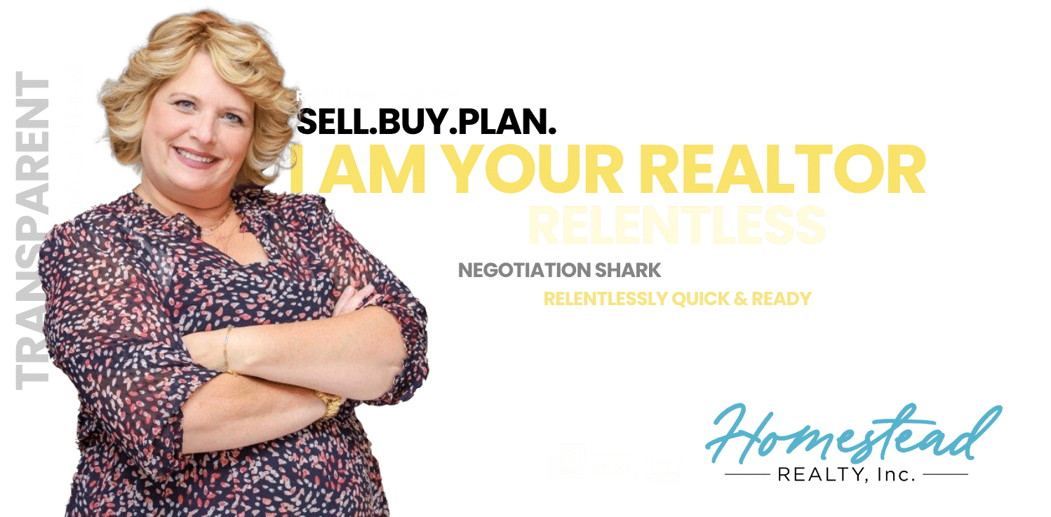 Wendy Wendorf photo with arms crossed. floating words around photo read transparent, persevering, relentlessly positive, sell. buy. plan., i am your realtor, relentless, negotiation shark, relentlessly quick and ready,